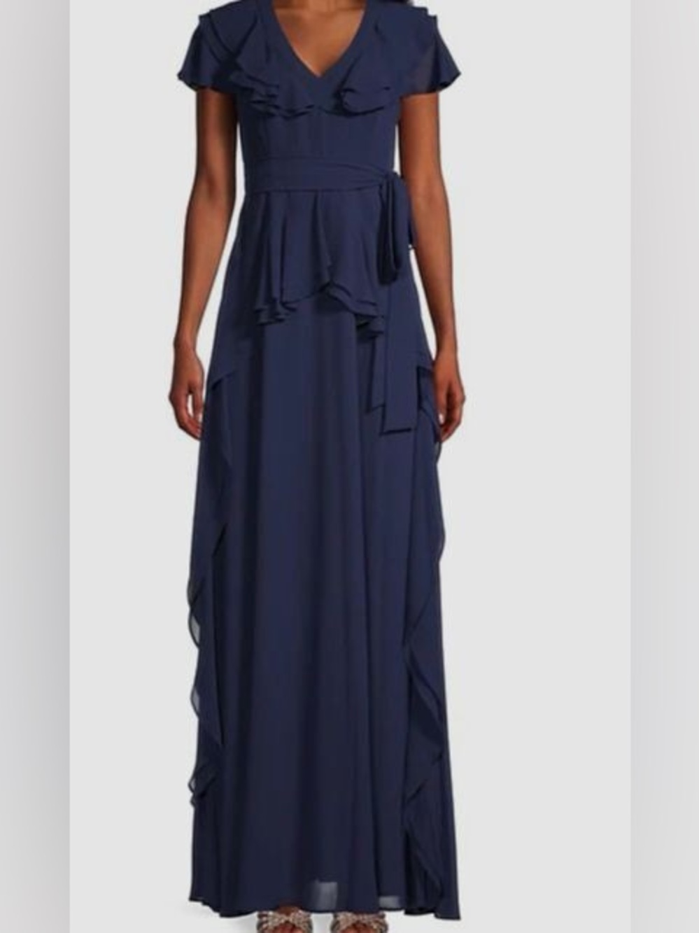 Brand New-Shani Women's Navy V-Neck Ruffle Chiffon Gown Dress